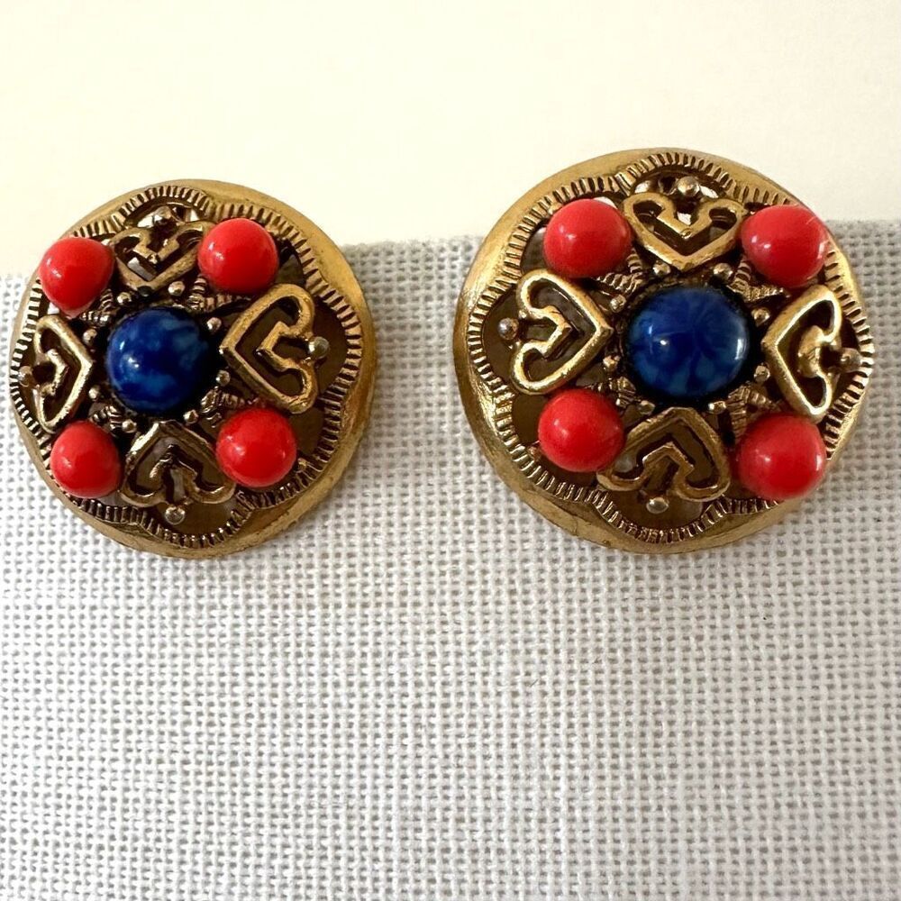 Vintage Orange and blue beaded gold tone clip on earrings